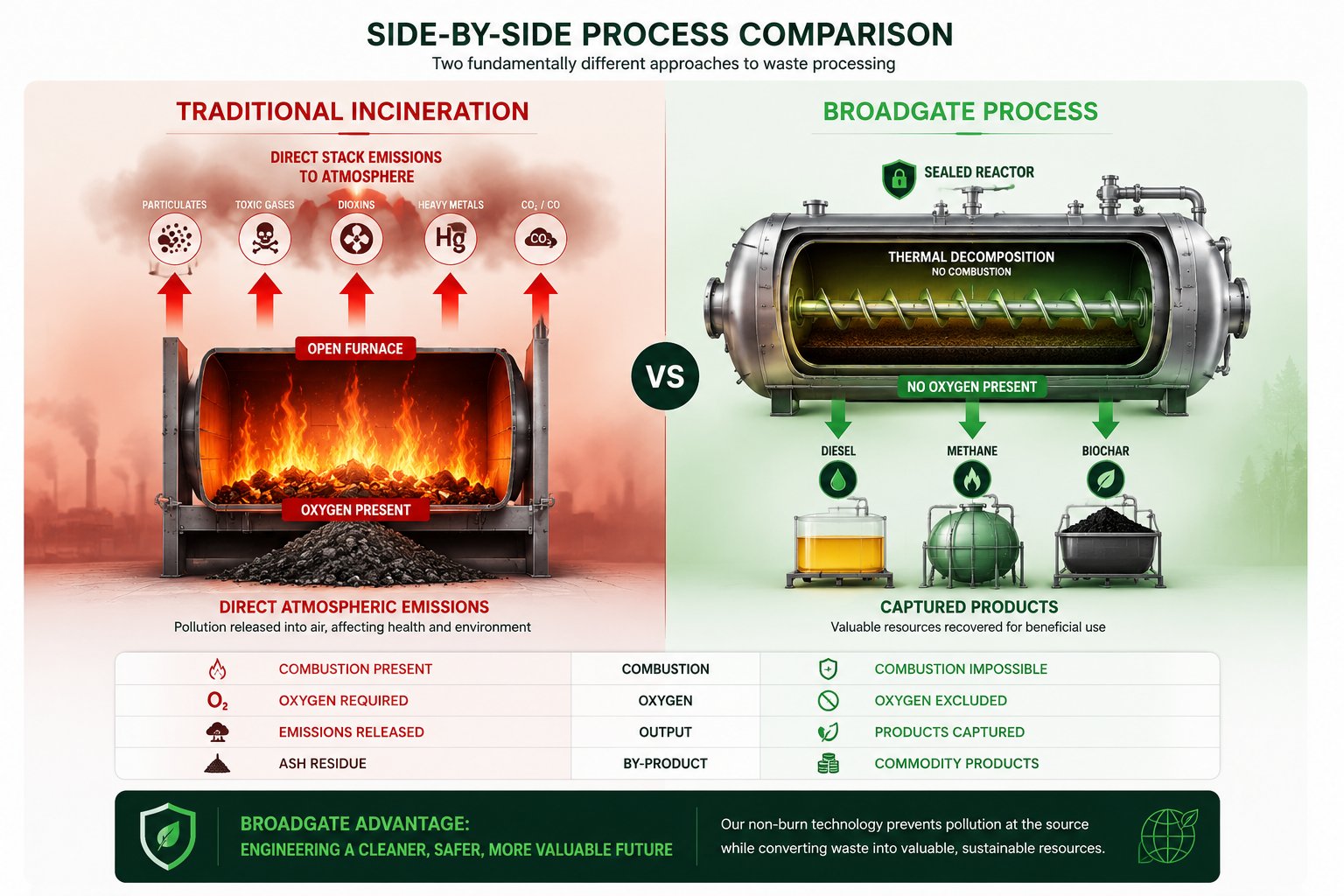 Side-by-Side Process Comparison showing Traditional Incineration vs Broadgate Process with open furnace flames and emissions on left, sealed reactor with captured products on right